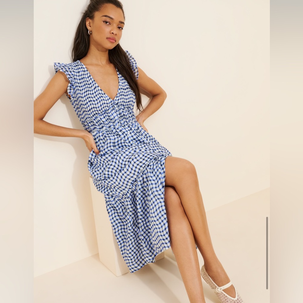 Anthropologie The Peregrine Midi Dress Blue Gingham Check Ruffle Sundress